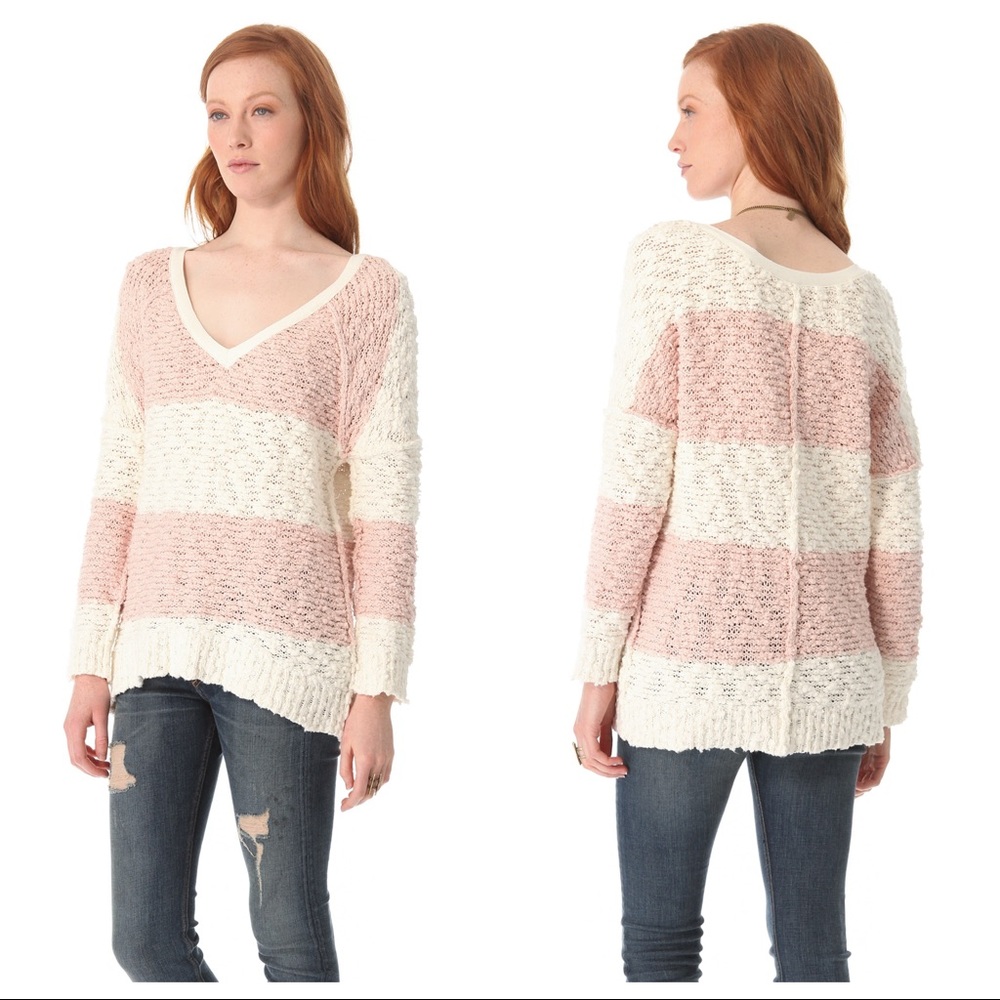 Free People Chunky Knit Wide V or Off the Shoulder Striped Sweater